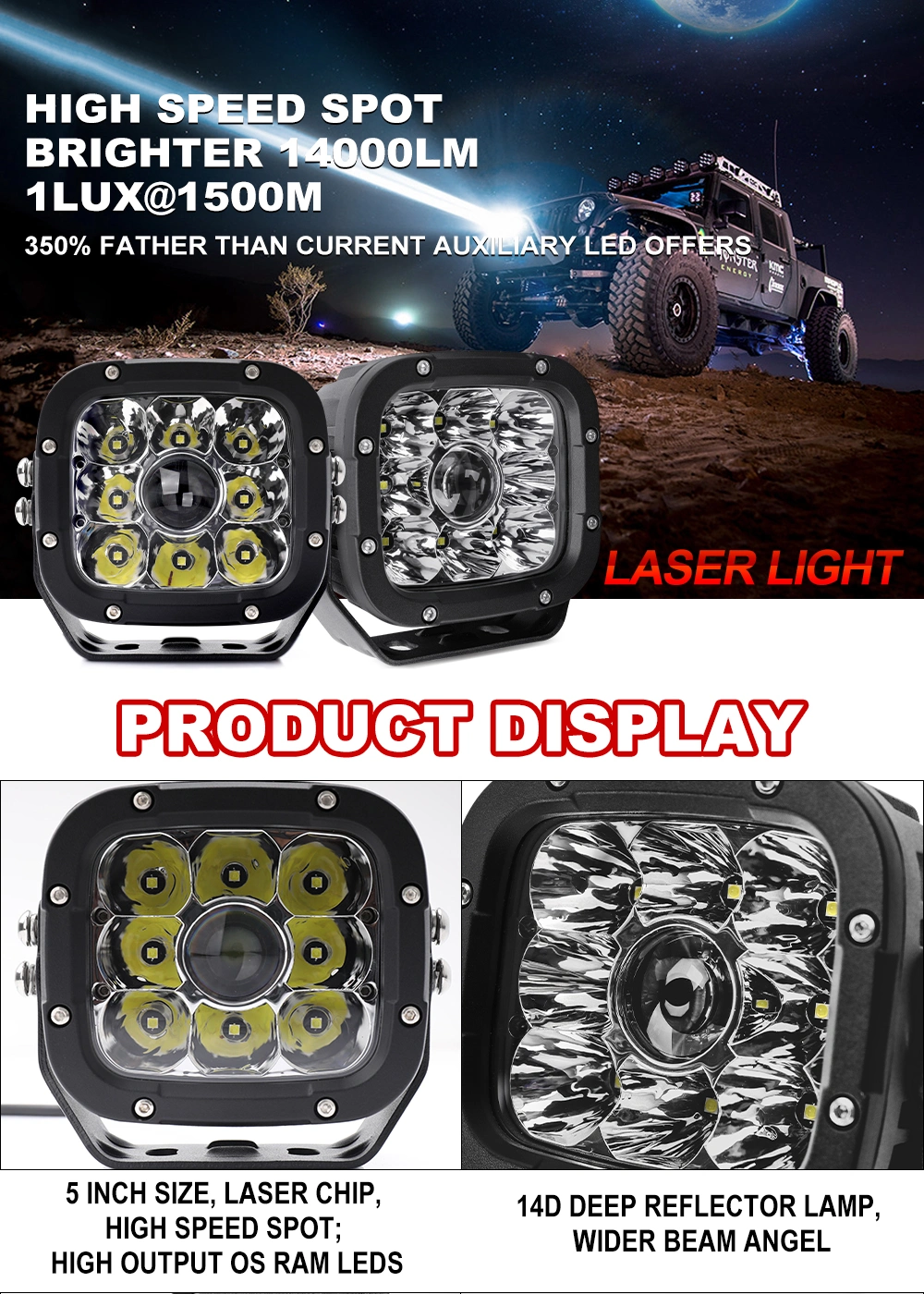 High Power 1400m Super Bright 4X4 Truck Offroad Laser LED Driving Light 5 Inch 50W Laser LED Work Light for off Road Jeep UTV ATV